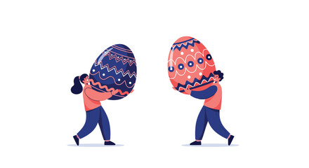 Illustration of two people carrying large decorated Easter eggs, representing the holiday and its themes of spring and renewal.