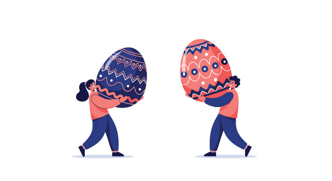 Illustration of two people carrying large decorated Easter eggs, representing the holiday and its themes of spring and renewal.