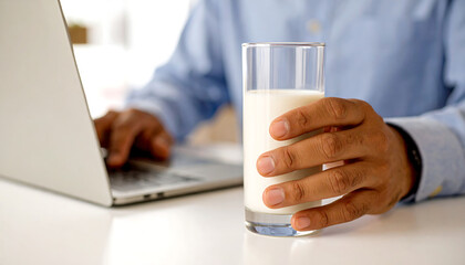 A man working with his remote job in the cafe while enjoying a glass of milk