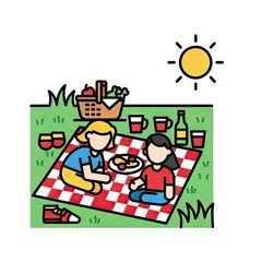 Obraz premium Picnic Scene With Two People Sitting On Checkered Blanket Under Sunny Sky Enjoying Food And Drinks