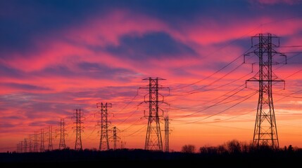 Majestic Sunset Over Power Lines with Vibrant Colors in the Sky Radiating a Beautiful Natural Atmosphere and Tranquil Evening Scene