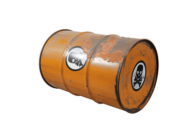 Barrel with toxic waste. Biohazard warning sign human skull with two crossed bones behind it. The symbol indicates that hazardous products death or poisoning. Rusty dangerous barrel with pathogens age