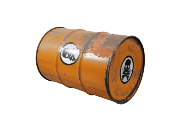Barrel with toxic waste. Biohazard warning sign human skull with two crossed bones behind it. The symbol indicates that hazardous products death or poisoning. Rusty dangerous barrel with pathogens age