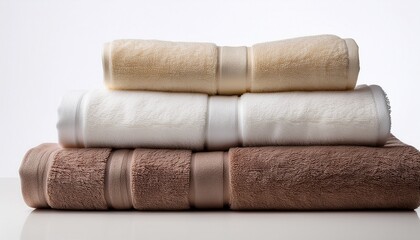 stack of soft towels in neutral colors on a white isolated background