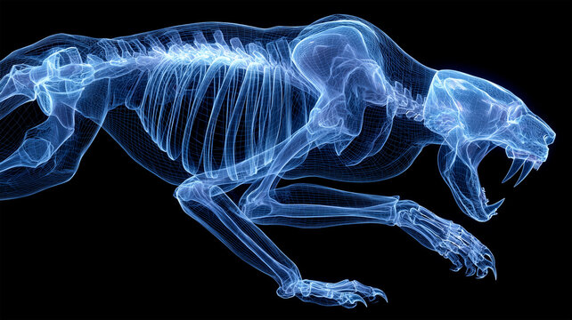 跳躍するサーベルタイガーのレントゲン骨格イメージ