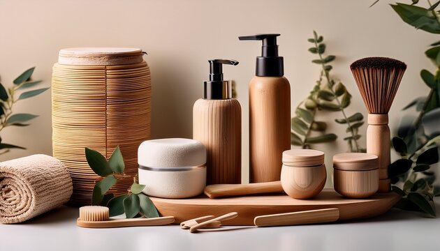 stylish bamboo beauty tools and containers arranged on a clean background promoting sustainable self care