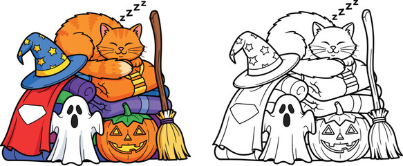Cute Sleeping Cat on Halloween Costumes and Pumpkin Stack, Adorable Cartoon and Coloring Page Illustration