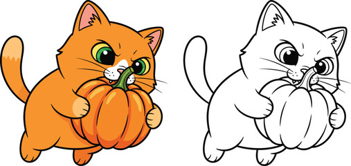 Determined Cute Cat Carrying a Pumpkin, Funny Halloween Cartoon and Coloring Page Illustration