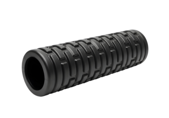 Black textured foam roller, isolated on a transparent background. Fitness and yoga equipment.