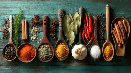 Assorted Spices and Herbs on Wooden Surface Featuring Bowls with Paprika, Cinnamon Sticks, Chili Peppers, Garlic, and Bay Leaves on Rustic Background