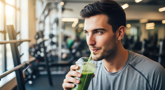 Man drinking green smoothie in gym