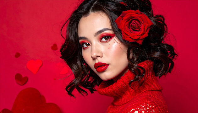 Cute Asian girl wear everything in red with roses in her head and isolated in red background for valentine day copy space