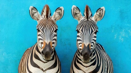 Two zebras standing side by side against a vibrant blue background, showcasing their striking black and white stripes.