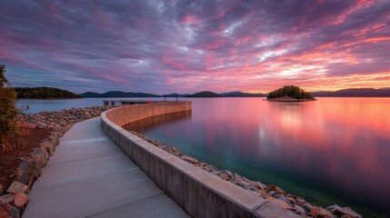 Obraz premium Serene Sunset Over Tranquil Lake with Dramatic Cloud Reflections and Island in the Distance