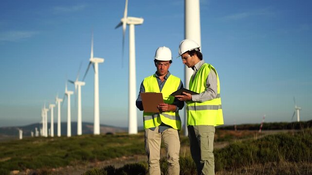 Engineers discussing wind energy project at wind farm, Spain