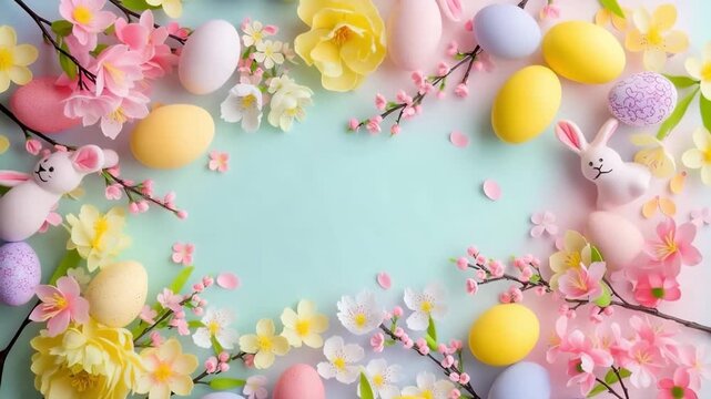 Easter card, banner with frame of pastel eggs, wreaths of flowers made of polymer clay. Copy space. DIY and kids creativity. Handmade Easter craft. 