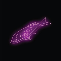 Neon sign of a japanese koi fish swimming to the right on a black background