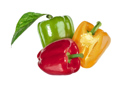 Red, gren and half of yellow bell peppers isolated on transparent background. Fresh vegetable with green stem, perfect for healthy food, cooking, and vegetarian design concepts.
