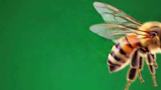 Close up of a bee with transparent wings against a green background in detailed studio shot bee green screen video