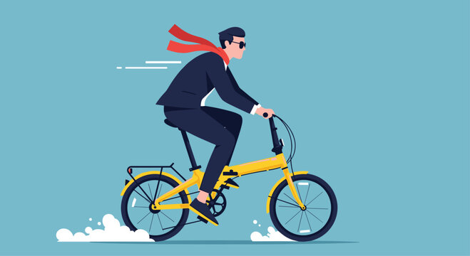 Stylish businessman in suit and sunglasses riding a yellow folding bicycle against a teal background.