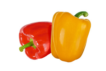 Red and yellow bell peppers isolated on transparent background. Fresh vegetable with green stem, perfect for healthy food, cooking, and vegetarian design concepts.