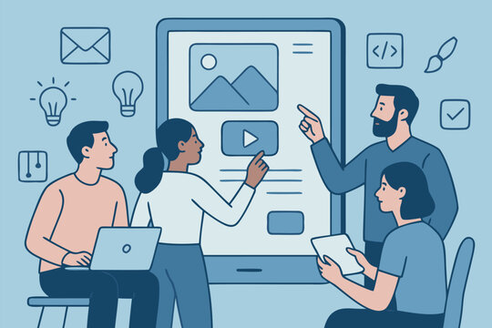 UX UI Team Meeting Illustration &ndash; Flat Design Concept for Digital Collaboration, Project Management, and Product Development