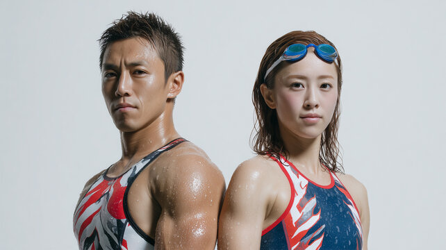日本人水泳選手男女の白背景ポートレートの描写
