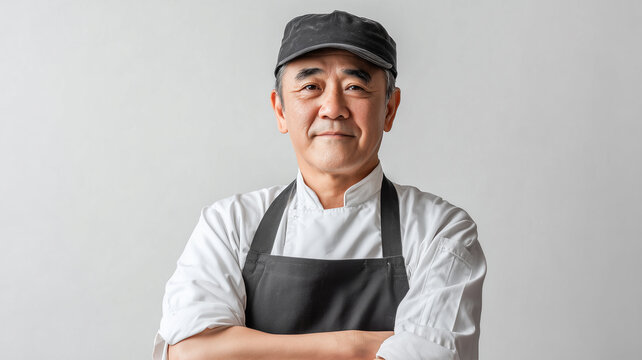 日本人男性シェフの白背景ポートレートの描写