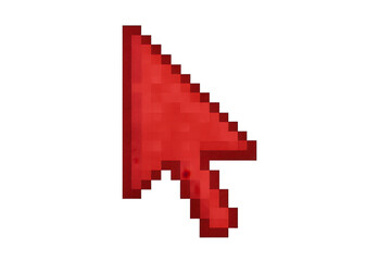 Red pixelated arrow cursor representing user interface element and navigation, with a transparent background