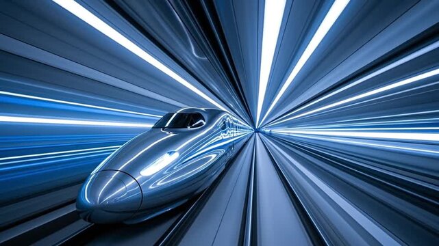 A futuristic high-speed train travels through a motion-blurred tunnel of light, representing the future of transportation and technology