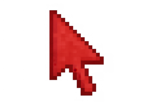 Red pixelated arrow cursor representing user interface element and navigation, with a transparent background - Powered by Adobe