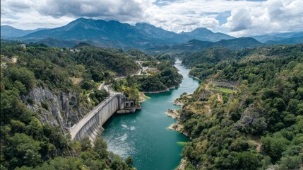 Scenic aerial view of a dam surrounded by lush greenery, clear river water, and majestic mountains under a cloudy sky in a serene landscape