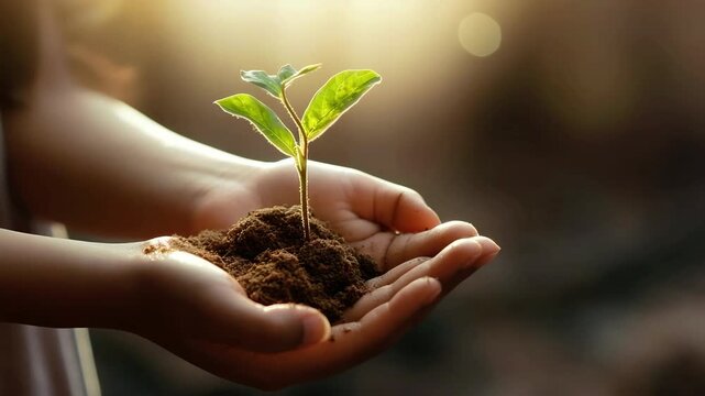 Kids hands hold soil with plant seedling in the rays of sunlight. Environment Earth Day. Save planet. Child caring green plant sprout leaf. 