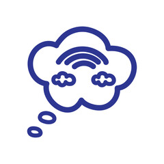 Blue line art icon of a thought bubble containing a rainbow and clouds, symbolizing imagination, dreams, and positive thinking.