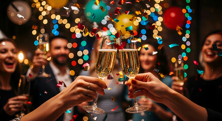 Two hands cheering with champagne flutes at a vibrant New Years Eve party surrounded by joyful friends celebrating with colorful confetti balloons and bokeh lights for a festive holiday event