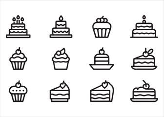  Collection of simple line art icons representing various cakes and cupcakes