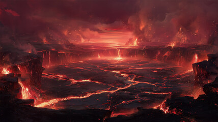 灼熱の火口が広がる冥界の岩山風景の情景描写