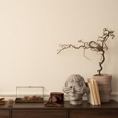 Interior design of cozy living room interior with wooden sideboard, vase with branch, books, modern...
