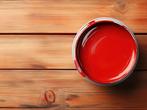 A can of red paint sits on a wooden surface, ready for use in a painting or DIY project. - Powered by Adobe