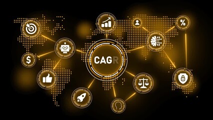 Global network of digital icons and data connections with CAGR in the center Keywords: global network, digital icons, data connections, CAGR, technology, innovation, finance, business - Powered by Adobe