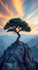 Obraz premium Solitary bonsai tree stands proudly on a rocky mountain peak at sunset