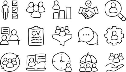 Hand Drawn Human Resources Icon Set for Recruitment, Teamwork, and Business Management Design
