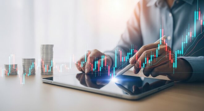 Analyzing stock market trends on a tablet with financial growth and coin stacks