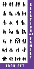 Family, relationship icon set. Vector glyph pictograms of couple, parent, child, elderly people, pregnancy, parenting, community, single mother, social care black silhouette illustration.