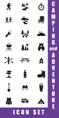 Camping, outdoor adventure icon set. Vector glyph pictograms of eco-tourism, tent, backpack, campfire, compass, kayak, hiking, travel, wilderness exploration black silhouette illustration.