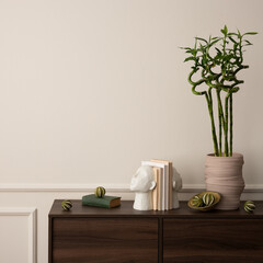 Interior design of aesthetic living room interior with copy space, wooden sideboard, vase with...