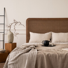Creative composition of bedroom interior with cozy bed, beige bedding, plaid, trace with pitcher and cup, coffee table with branch, black ladder and personal accessories. Home decor. Template.