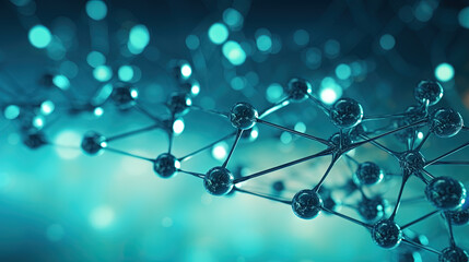Molecular structure with glossy black spheres and connections on blue background
