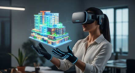 Woman using vr headset to view a 3d model of a building, showcasing architectural visualization and immersive technology in a modern office