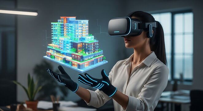 Woman using vr headset to view a 3d model of a building, showcasing architectural visualization and immersive technology in a modern office